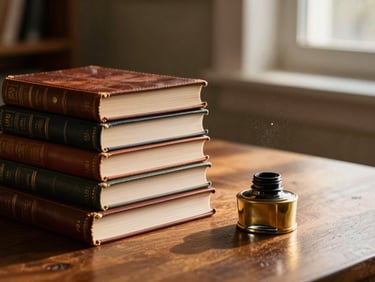 Careful arrangement of leather-bound books stacked on a mahogany desk beside a brass inkwell, warm golden hour light from a nearby window, dust motes visible in the air