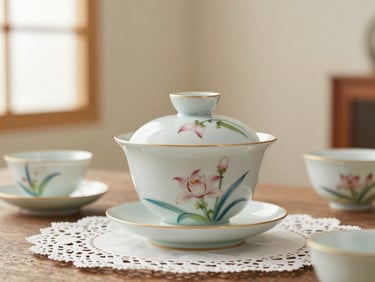 Close-up of a hand-painted porcelain tea service on a lace doily, soft natural window light from the left, warm cream background, quiet patina on the gilded rims