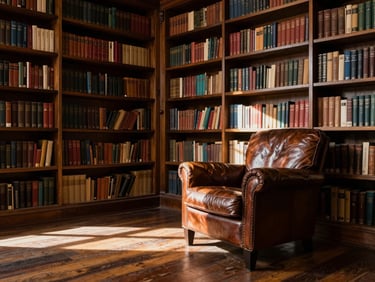 Wide environmental shot of a study with floor-to-ceiling bookshelves, leather armchair in the foreground, afternoon light casting long shadows across aged hardwood floors