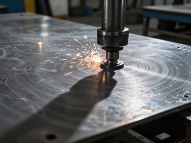 Heavy bending press forming a thick steel plate, dramatic shadows, industrial workshop setting