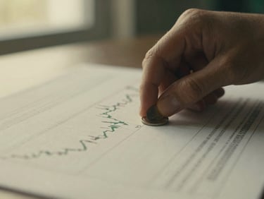 Close-up of a hand moving a small token on a financial chart, symbolizing rebalancing, warm indoor ambient lighting, muted forest green and cream tones, shallow depth of field, 35mm