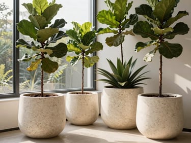 A refined interior sunroom with custom travertine planters and tall structural fiddle-leaf figs, soft morning light