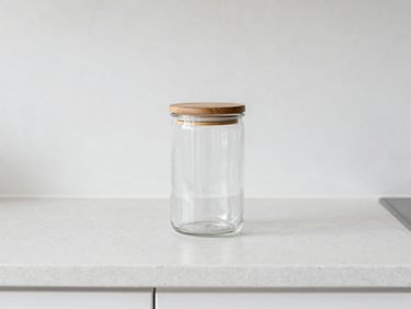 A minimalist glass jar with a wooden lid on a white stone kitchen counter, bright overcast daylight, desaturated cool tones.