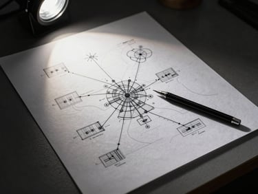 Overhead tight study of a strategist's desk mid-session — architectural dependency map drawn in precise lines on large paper, mechanical pencil resting at the edge, studio strobe lighting casting sharp shadows across the diagram, no ambient fill, controlled dark workspace environment