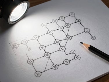 Overhead tight study of an architectural system diagram on drafting paper, precise ink lines mapping operational nodes and dependencies, a mechanical pencil resting at the edge, studio strobe lighting casting crisp controlled shadows, matte surface texture