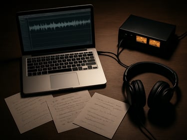 Overhead grid composition of a producer's desk — laptop open to a DAW waveform editor, audio interface with glowing meters, scattered handwritten session notes, and a pair of closed-back headphones resting to one side, lit by a hard overhead studio lamp casting sharp shadows — no people, no text visible