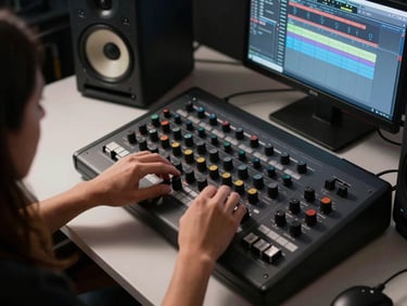 Close overhead shot of hands adjusting studio monitor knobs on a production desk, laptop screen glowing with a DAW session, hard directional light from the left casting sharp shadows across the hardware