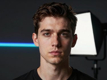 Artist portrait shot with hard directional studio strobe, direct confident gaze, dark background with a single accent-color gel strip cutting across the frame, no soft focus