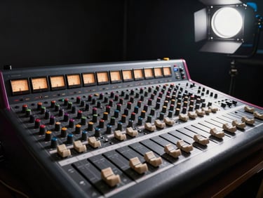 Wide environmental shot of a mixing console under hard studio strobe light, faders and meters in sharp focus, deep shadow behind the board, magenta gel catching the left edge of the equipment