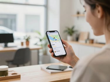 Over-the-shoulder shot of a local business owner smiling while looking at a smartphone displaying a Google Maps local business profile with high ratings, bright natural daylight, authentic workshop setting.