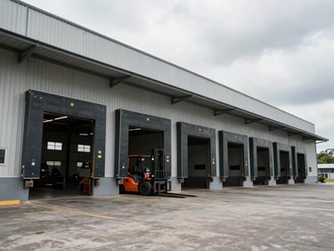 Wide-angle exterior of a commercial warehouse in an Indonesian industrial estate, loading bay doors open, overcast daylight, forklift partially visible at the entrance