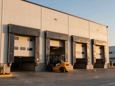 Exterior of a commercial warehouse building at golden hour, loading bay doors open, forklift visible at the entrance, warm late-afternoon light across the facade