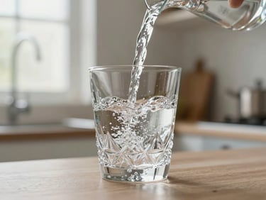 Close-up of a slow pour of pure water into an elegant crystal glass, soft diffused morning daylight, serene and minimalist kitchen background