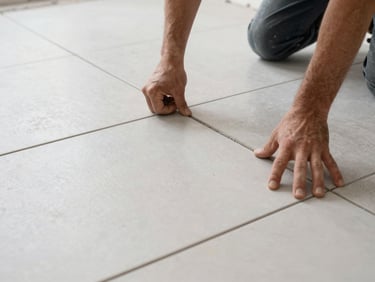 Hands of a tiler aligning large-format porcelain tiles on a floor, grout lines precise, studio strobe lighting from the side revealing texture and flatness of the surface