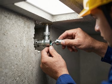 Close-up of an electrician's hands connecting conduit fittings in a concrete wall chase, overhead daylight from a skylight, precise and clean installation visible