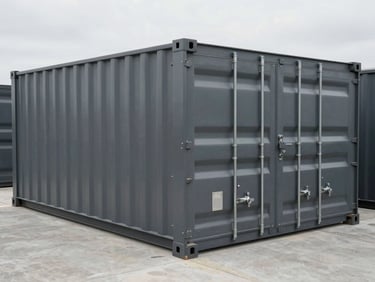 Pristine charcoal gray storage container unit on a clean concrete pad, overcast sky, sharp macro detail of steel welds