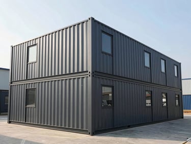 A complex modular container building assembly on-site, modern industrial architecture, bright morning sun