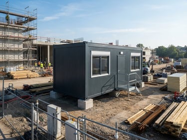 Wide-angle architectural industrial photography of a pristine, newly delivered charcoal-gray office container on an active but clean construction site, bright morning daylight, high-contrast steel textures, 35mm lens.