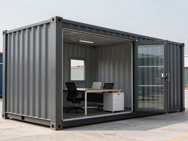 Interior shot of a clean, well-lit modular container office, modern desk setup, bright daylight, sharp industrial photography