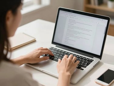 Over-the-shoulder shot of hands typing on a laptop in a bright home office, warm daylight, shallow depth of field