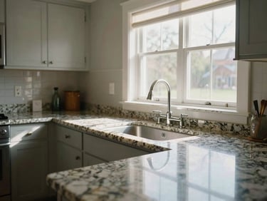 Brightly lit New England kitchen post-cleaning, sunlight streaming through a window onto polished granite countertops and a sparkling clean sink, wide-angle shot