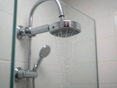 Close-up shot of the same bathroom shower with crystal clear glass, shining chrome fixtures, and clean white grout.