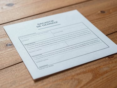 Gros plan sur un document de garantie décennale posé sur une surface en bois, lumière douce.