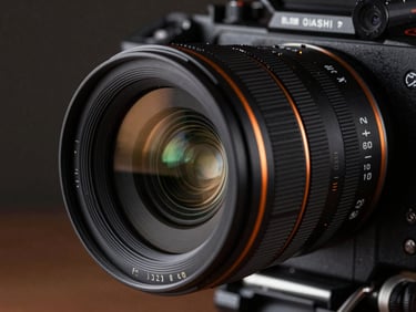 Close-up macro shot of a high-end cinema camera lens with orange ambient rim lighting, professional production environment, deep shadows, cinematic atmosphere.