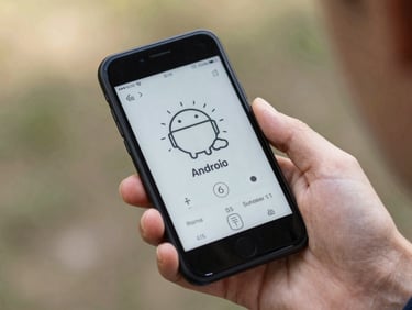 A hand holding an Android phone outdoors showing a clean e-ink style weather widget, soft natural daylight, shallow depth of field.
