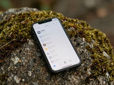 A mobile phone displaying a clean typographic weather forecast, resting on a mossy rock in soft overcast daylight, 35mm