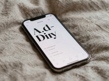 Close-up of an Android screen showing a minimalist typography-focused journal app, resting on a textured linen sheet, soft overcast daylight.