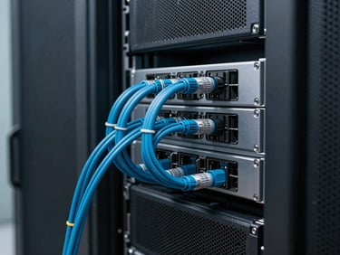 Sleek technical photography of clean server racks in a cool low-key lit room, tech teal blue cable management, 35mm macro focus