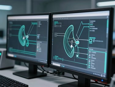 Close-up of diagnostic schematics on dual monitors in a modern engineering lab, sharp teal accents, 35mm
