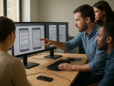 Wide environmental shot of a small development team gathered around a desk with two monitors showing Android interface wireframes, one person pointing at a touch-target detail on screen, bright even daylight from a window to the left, cables and a phone on the desk in the foreground