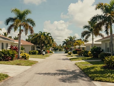 Quiet Marco Island residential street at midday, low-rise homes with lush tropical landscaping, a canal visible at the far end between houses, warm natural light, no people or vehicles
