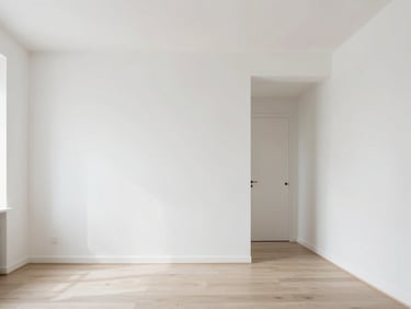 Bright modern apartment interior in Paris, straight architectural angle, natural daylight, crisp plaster walls, minimal furniture, 35mm lens
