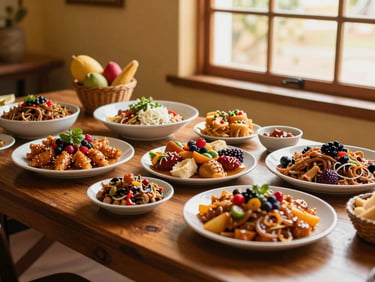 Beautifully styled Nicaraguan buffet table with traditional dishes and colorful decorations, warm indoor lighting, medium shot, 35mm