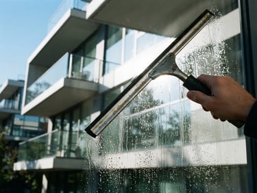 A close-up of a professional squeegee wiping a pristine, wet window pane, bright morning sunlight reflecting off the glass, sharp architectural angles, 35mm photography