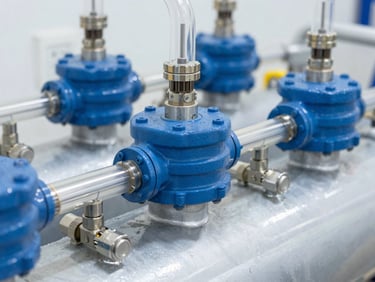 Close-up of a pressure vessel in an industrial reverse osmosis system, with clear pipes and connections, technical blue and silver tones, bright studio lighting.
