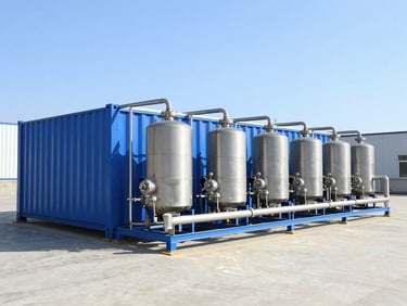 Wide shot of a modern containerized industrial water treatment plant, with clear blue skies, showing clean, metallic RO units and piping, bright daylight, technical blue and silver tones.