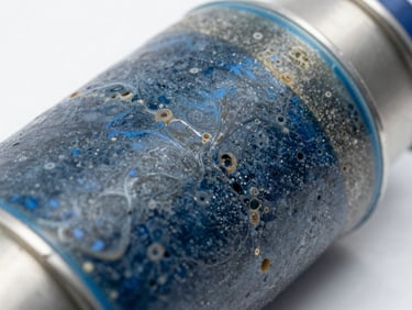 Macro close-up of severely fouled reverse osmosis membranes, showing heavy silica and hardness scaling, crisp detail, industrial lighting, technical blue and gray tones.