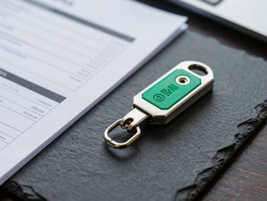 Macro shot of physical corporate documentation and an encrypted security key on a dark slate desk, cool overcast daylight, sharp focus