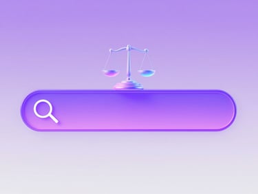 Abstract 3d render of a glowing search bar with holographic legal scales and vibrant purple gradient lighting
