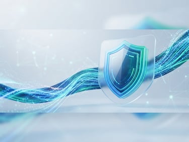 Clean 3D render of a glowing digital shield icon, abstract data streams flowing around it, soft glassmorphism, vibrant blue and emerald gradient accents, bright studio lighting, high resolution, wide panoramic frame, shield off-center to the right.