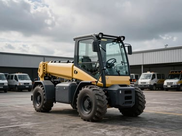 A pristine telehandler parked in a clean fleet yard, dramatic overcast daylight, sharp industrial photography.