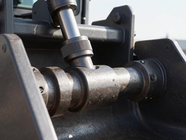 Close-up macro shot of a wheel loader bucket joint and hydraulic systems, high-contrast morning daylight, metallic textures.