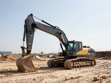 Wide environmental shot of a heavy excavator digging on a clean, organized construction site, high-contrast morning daylight.
