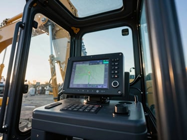 Wide-angle view of a telematics control screen glowing inside a modern excavator cab, morning daylight reflecting off metallic joints outside the window, sharp focus.