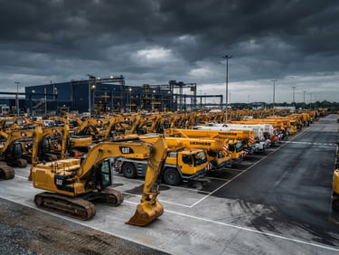 Wide-angle sharp industrial photography of a pristine fleet yard at morning daylight, rows of yellow excavators and cranes, metallic textures, deep charcoal sky