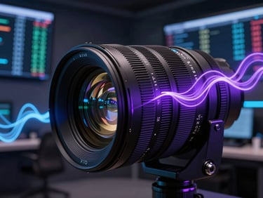 Vista isométrica de una terminal de trading de alta tecnología con flujos de datos abstractos en color púrpura neón y azul sobre fondo oscuro, lente macro.